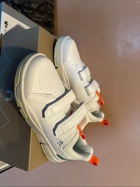 Youth White Sneakers with Orange Pull Tabs — Easy Velcro Closure